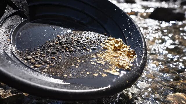 Panning for gold with a black pan in a river, showing glittering gold flakes mixed with gravel and water in macro view