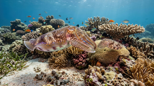 Cuttlefish swimming in a vibrant coral reef ecosystem underwater.
