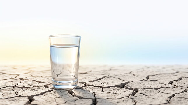 Glass of water on a dry landscape highlighting future water scarcity