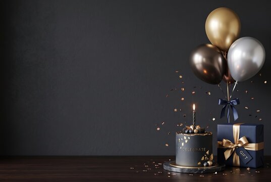 A dark tabletop displays a cake with a candle and a gift box. Gold, silver, and black balloons rise beside the cake. Confetti is scattered around the setup