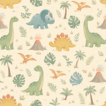 Cute Pastel Dinosaur and Jungle Volcano Seamless Pattern, Watercolor Nursery Illustration for Kids