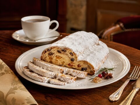 Christstollen im deutschen Restaurant: Traditioneller Stollen mit Rosinen und kandierten Fr&uuml;chten, dick mit Puderzucker best&auml;ubt, serviert zum Kaffee in festlicher Atmosph&auml;re.