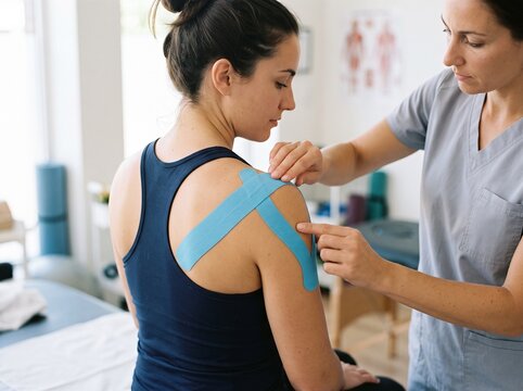 Professional physical therapist applying blue kinesiology tape on a female patient shoulder to help with muscle recovery in a medical clinic office