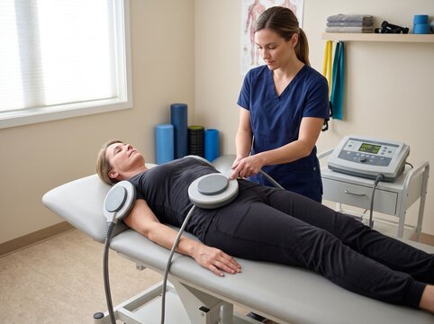 Professional physiotherapist providing magnetic field therapy to a patient lying on a medical table in a clinic