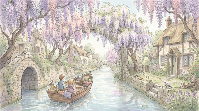 Fairytale illustration of children rowing wooden boat along village canal under blooming wisteria arches with copy space