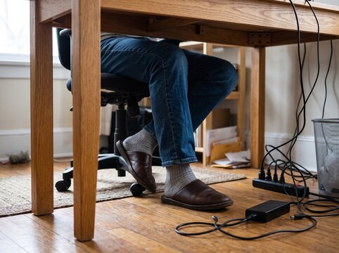 Person sitting at a wooden desk working in a home office with many tangled power cords and cables on the floor under the table