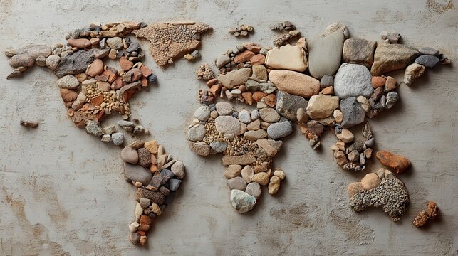 World map crafted from diverse natural stones and pebbles on textured concrete surface