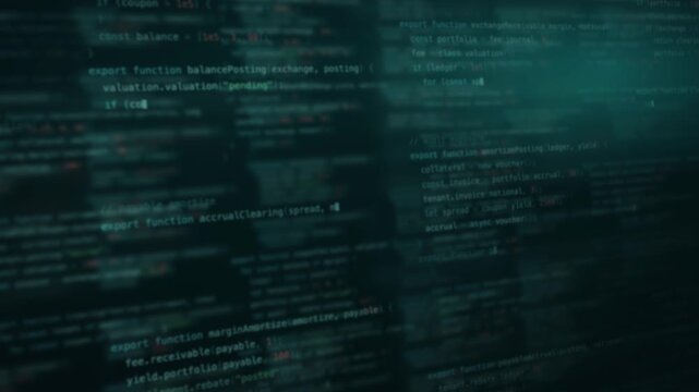 Abstract blurred background featuring lines of code in various shades of teal and dark tones, creating a digital finance atmosphere with soft focus and glowing elements for a modern tech aesthetic.