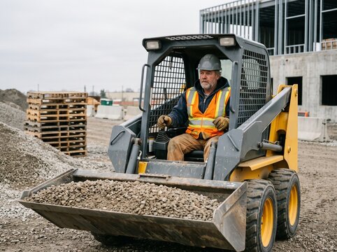 Construction worker operating a yellow skid steer loader moving gravel at a building site