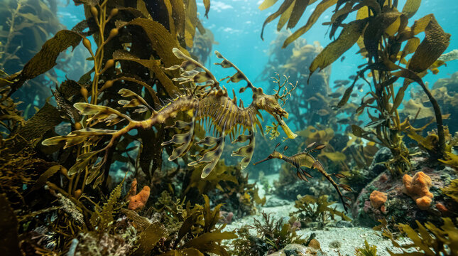 Leafy Sea Dragon Swimming Among Kelp Forest Underwater Scene.