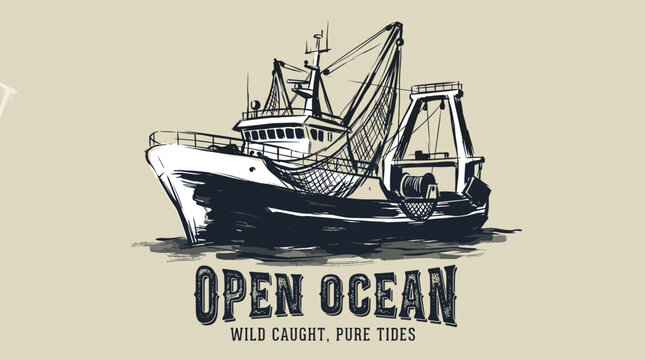 Open ocean wild caught. Fishing boat vintage print design for t shirt. Pure tides nautical artwork. Sea adventure.