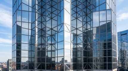 Fototapeta premium Modern architectural glass facade of a high-rise office building with geometric steel framework reflecting the urban city skyline