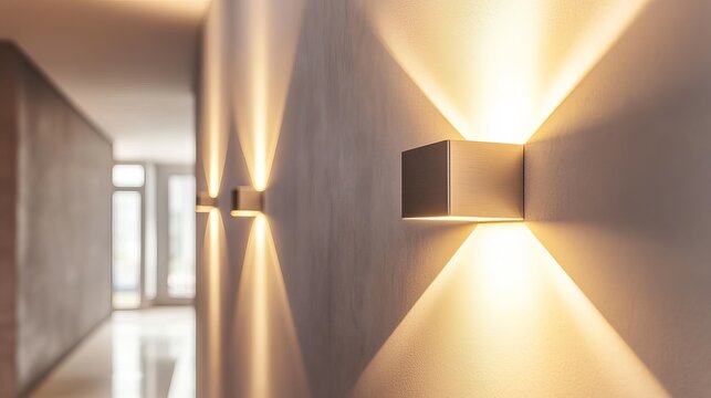 Modern wall sconces illuminate a textured wall with warm light, creating a stylish interior design accent