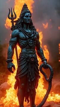 lord shiva STATUE IN FIRE ON BACKGROUND.