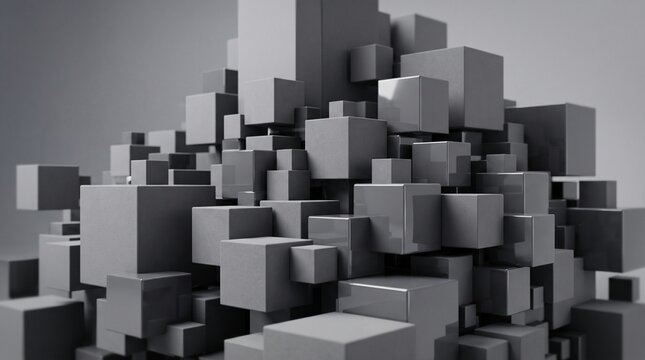 Chaotic Composition: A multitude of grey cubes in varying sizes are piled together in a seemingly random, abstract formation against a gradient grey background.