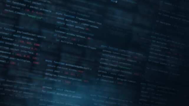 Abstract blurred coding background with navy hues featuring glowing teal and vibrant red elements, creating a dynamic digital atmosphere ideal for tech and programming themes