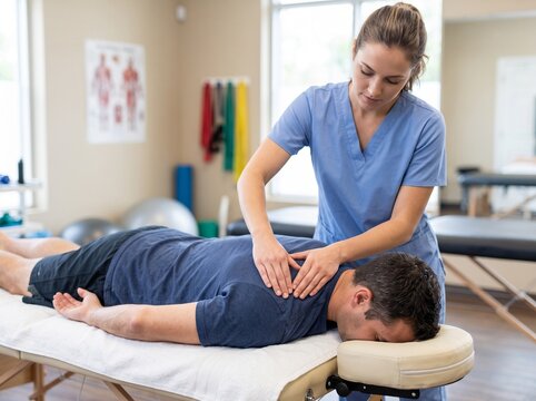Professional physical therapist giving a back massage to a man lying on a treatment table in a medical clinic room