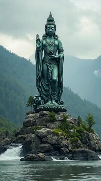 Majestic statue of an Indian goddess standing on rocks by a flowing river, surrounded by misty mountains and lush forest. Spiritual and tranquil atmosphere in nature.