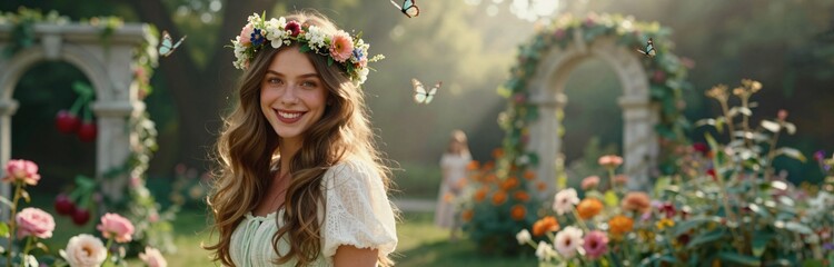 Fototapeta premium Smiling woman in flower crown surrounded by butterflies in garden