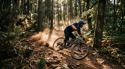 Fototapeta premium Mountain Biker Riding Forest Trail