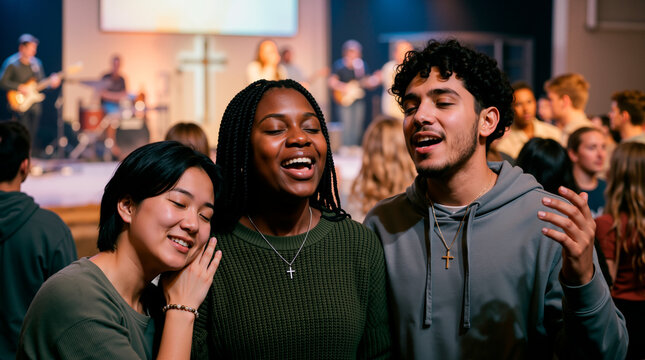 Diverse young adults praying and singing during a Christian worship service. Multiethnic youth group praising God in church with raised hands. Faith and devotion concept