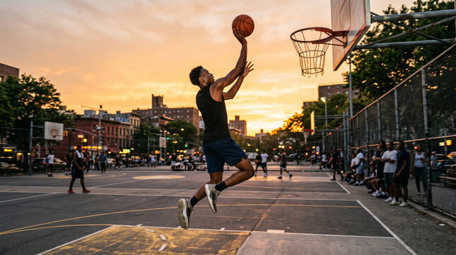 Basketball Player Dunking at Sunset