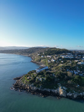Aerial view of the rocky coastline and residential buildings in Dalkey, Dublin, County Dublin, Ireland.