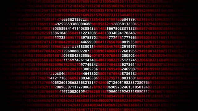 31 Abstract red digital background composed of cascading binary code and numbers forming a central glowing portal shape representing cybersecurity and data flow
