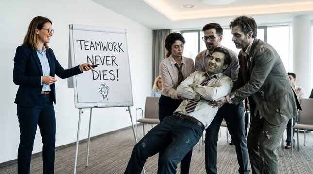 Bright seminar room with flip chart reading TEAMWORK NEVER DIES as business coach guides office-dressed zombies in a trust fall exercise with copy space.

