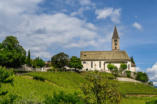 Kurtatsch, Dorf, Kirche, Pfarrkirche, Vigiliuskirche, Weindorf, Weinstrasse, Weinberg, Etschtal, Aussicht, Wanderweg, Fr&uuml;hling, Sommer, S&uuml;dtirol, Italien