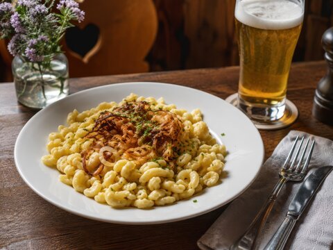 Sp&auml;tzle im deutschen Restaurant: Hausgemachte schw&auml;bische Eiernudeln mit goldbraunen R&ouml;stzwiebeln und Kr&auml;utern, deftig auf wei&szlig;em Teller mit Bier serviert.