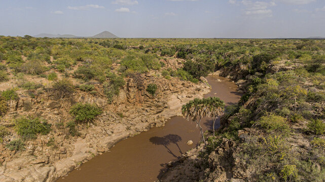 Aerial view of the Namunyak Wildlife Conservancy featuring a winding river flowing through rocky terrain with sparse trees and shrubs in Lpachie, Samburu, Kenya.