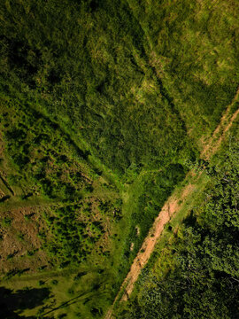 Aerial view of a dirt path winding through lush green fields and vegetation in Jaragua do Sul, Santa Catarina, Brazil.