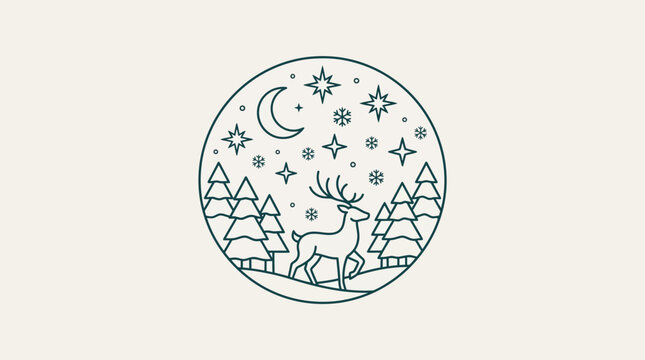 Minimalist winter deer forest line art illustration in circular frame