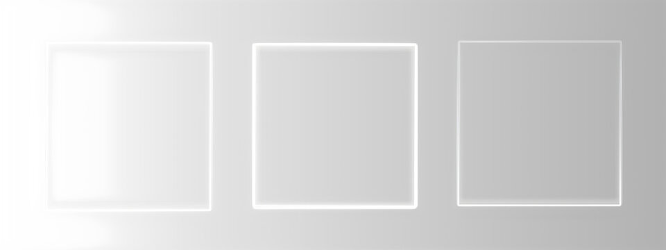 ​Empty three square glowing light box frame mockup set for artistic presentation and portfolio display