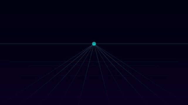 Abstract digital perspective grid with glowing central point and converging light lines animation 4k