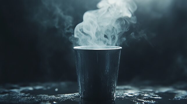 Steam rising from a metallic cup, captured in a dark, moody, low-key lighting environment with deep shadows