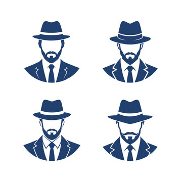 vector set silhouette icons of bearded man wear fedora hat