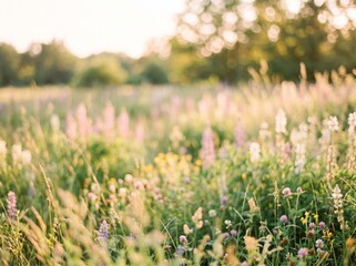 Fototapeta premium Beautiful summer meadow with blooming wildflowers and lupines in the golden hour sunlight, soft focus, dreamy nature background, scenic landscape photography