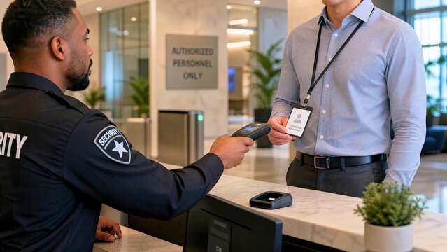 Security guard scanning ID badge of employee at authorized personnel access control point, representing workplace security verification and building entry management system