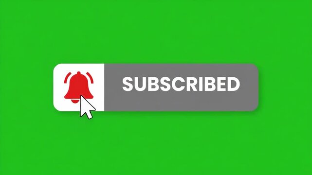 YouTube subscribe button animation with mouse cursor clicking red button and notification bell on green screen background.