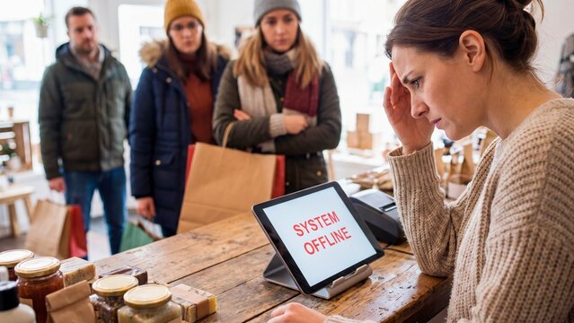 Frustrated market vendor with system offline error on tablet while customers wait, representing small business technology failure and payment system disruption problem