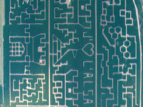 Aerial view of a large corn maze featuring intricate patterns and the text J'aime l'Alsace in Soultz-Haut-Rhin, Grand Est, France.