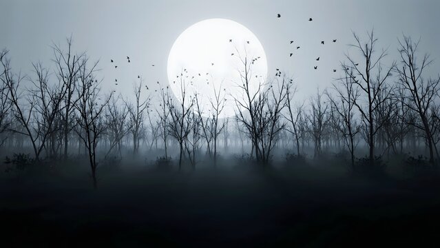 Silhouetted trees against a full moon in a foggy landscape