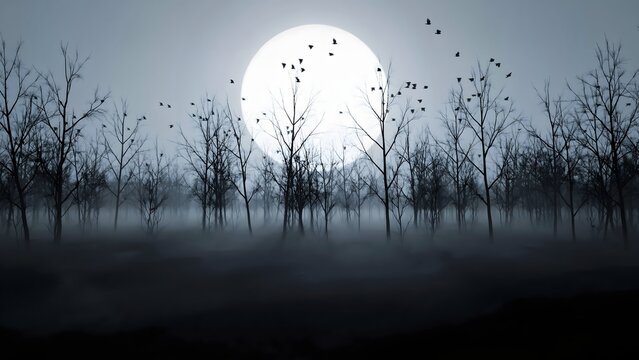 Eerie moonlit landscape with silhouetted trees and fog