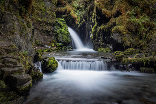 View of a cascading waterfall flowing over moss-covered rocks and logs in a lush forest gorge in Anchorage, Alaska, United States.