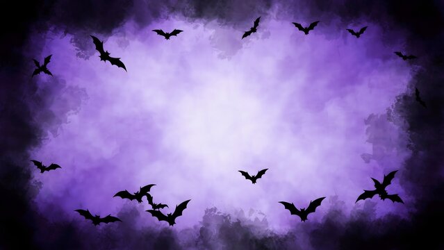 Dark purple sky with flying bats and clouds