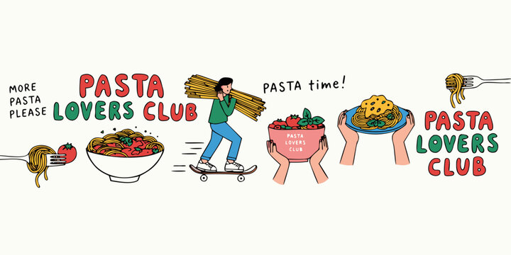 Playful hand drawn pasta illustration with bowls noodles and a skateboarder carrying spaghetti