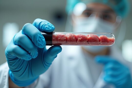 Close-Up of Scientist's Gloved Hand Holding Test Tube of Raw Lab-Grown Meat