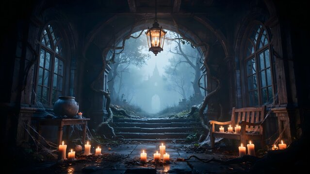Dark, eerie forest scene with candles and vintage bench